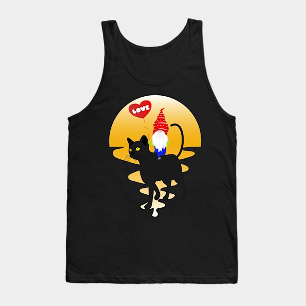 Love Gnome Riding Black Cat Lovers Tank Top by Manzo Carey